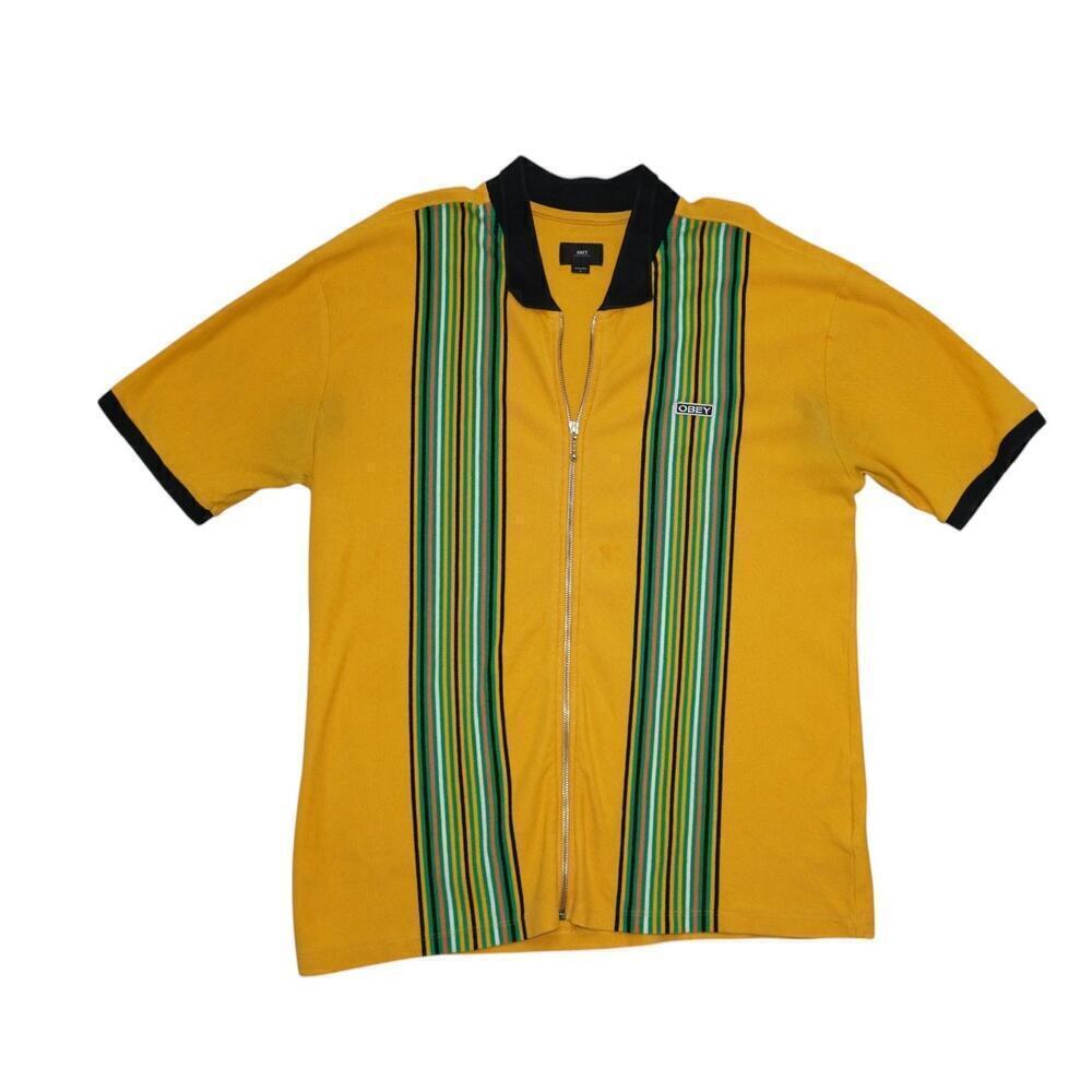 Obey Retro Zip Polo Shirt – Size L – Yellow with Multicolor Stripes – Mod Track